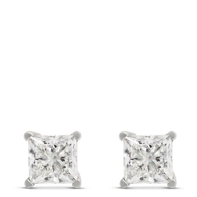 Princess Cut Solitaire Diamond Studs, 14K White Gold
