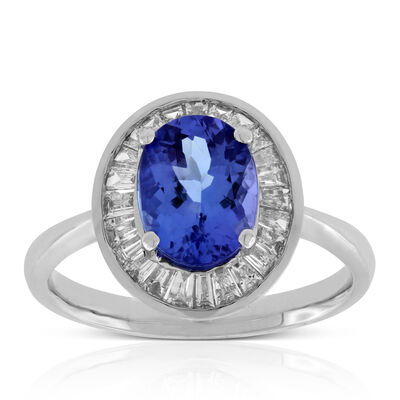 Tanzanite & Baguette Diamond Halo Ring 14K