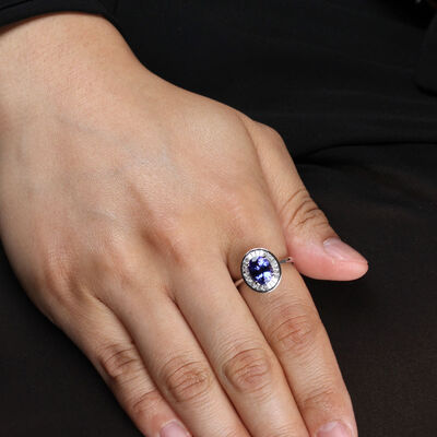 Tanzanite & Baguette Diamond Halo Ring 14K