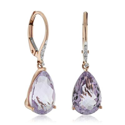 Rose Gold Pear Shaped Amethyst & Diamond Earrings 14K