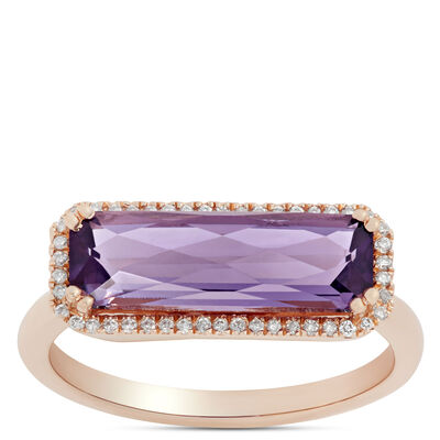 Rose Gold Rectangular Amethyst & Diamond Ring 14K