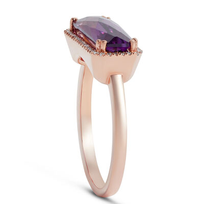 Rose Gold Rectangular Amethyst & Diamond Ring 14K