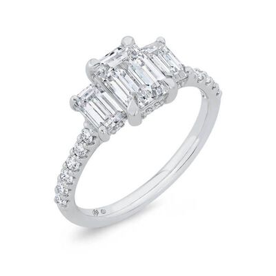 Three Stone Emerald Cut Diamond Engagement Ring, 14K White Gold