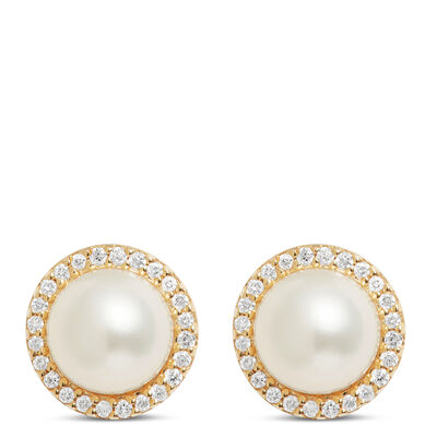 Pearl Halo Stud Earrings, 14K Yellow Gold
