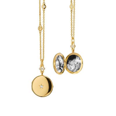 Monica Rich Kosann 17" Chain with Twinkle Star Locket Necklace Diamond and 18K Yellow Gold