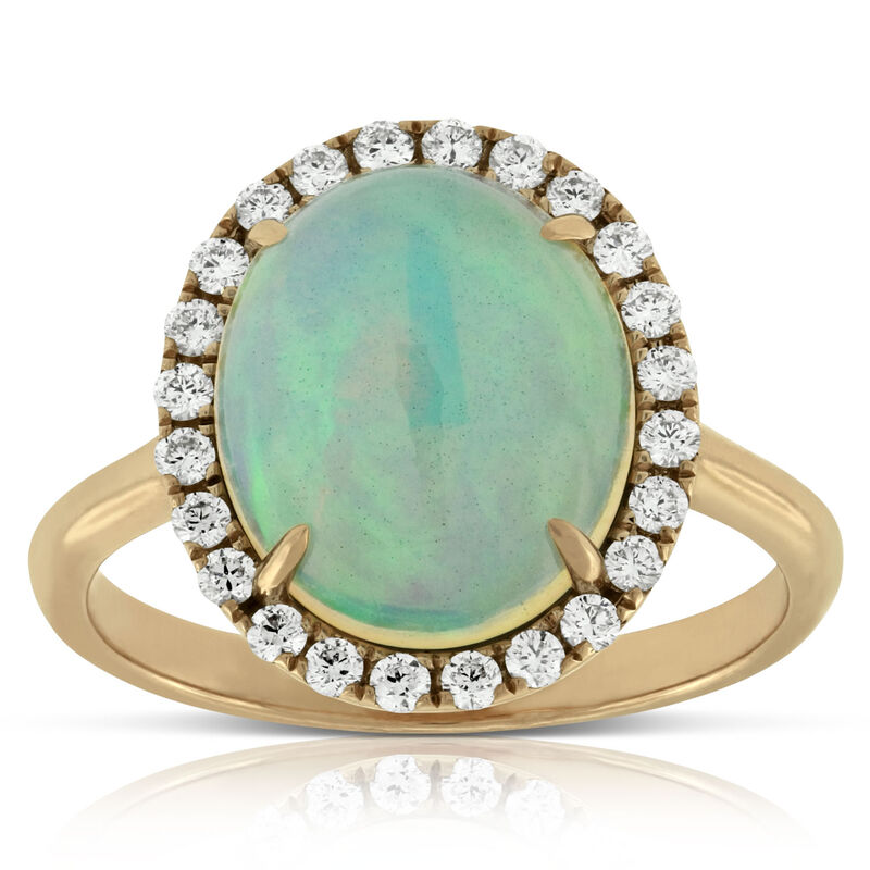 Oval Opal and Round Diamond Halo Ring, 14K Yellow Gold image number 0