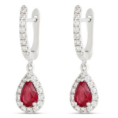 Pear Ruby and Diamond Dangle Earrings, 14K White Gold