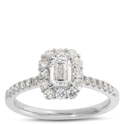 Emerald Cut Diamond Halo Bridal Ring, 14K White Gold