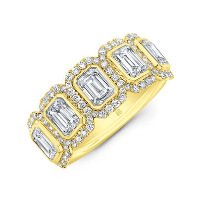 Rahaminov Five Emerald Cut Diamond Halo Ring, 18K Yellow Gold