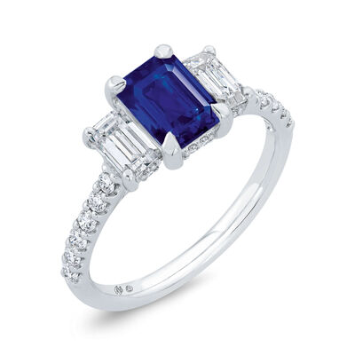 Bella Ponte 3-Stone Emerald Cut Sapphire and Diamond Engagement Ring, 14K White Gold