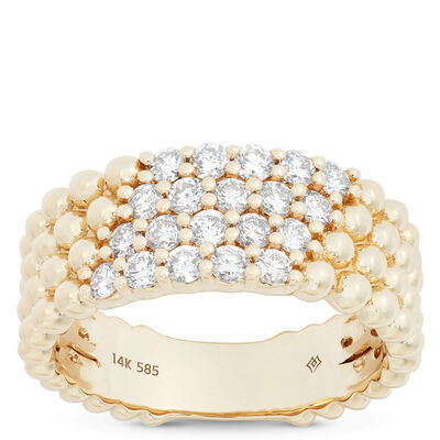 Four-Row Beaded Band with Diamonds, 14K Yellow Gold Size 7