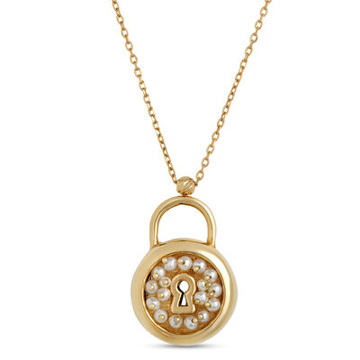 Toscano Pearl Padlock Pendant Necklace, 14K Yellow Gold