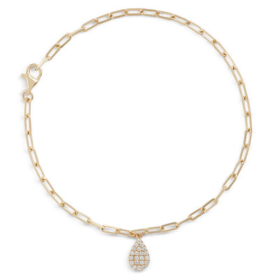 Paperclip Chain Bracelet with Pear-Shaped Pave Pendant, 14K Yellow Gold