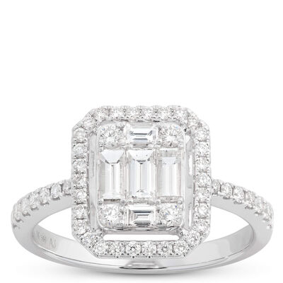Baguette and Round Cut Halo Diamond Engagement Ring, 14K White Gold