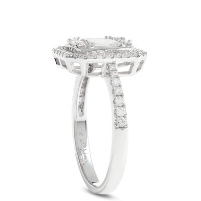 Baguette and Round Cut Halo Diamond Engagement Ring, 14K White Gold