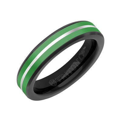 TRITON Green Ceramic Inlay with Silver Center Line and Broken Edge Band in Black Tungsten Carbide, 5MM