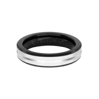 TRITON White Ceramic Inlay with Silver-tone Center Line and Broken Edge Band in Black Tungsten Carbide, 5MM