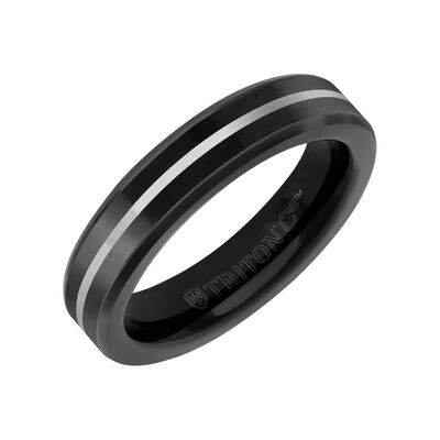 TRITON Black Ceramic Inlay with Silver Center Line and Broken Edge Band in Black Tungsten Carbide, 5MM