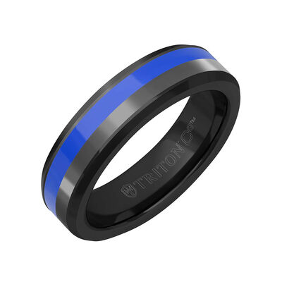 TRITON Blue Ceramic Channel and Bevel Edge Band in Grey Tungsten Carbide, 6MM