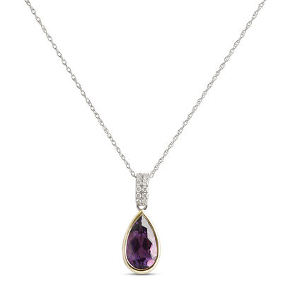Bezel Set Pear Shaped Amethyst Pendant, 14K White and Yellow Gold