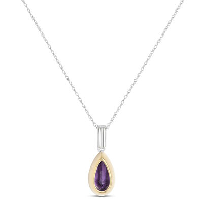Bezel Set Pear Shaped Amethyst Pendant, 14K White and Yellow Gold