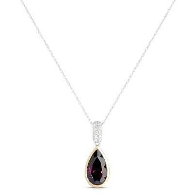 Bezel Set Pear Shaped Rhodolite Pendant, 14K White and Yellow Gold