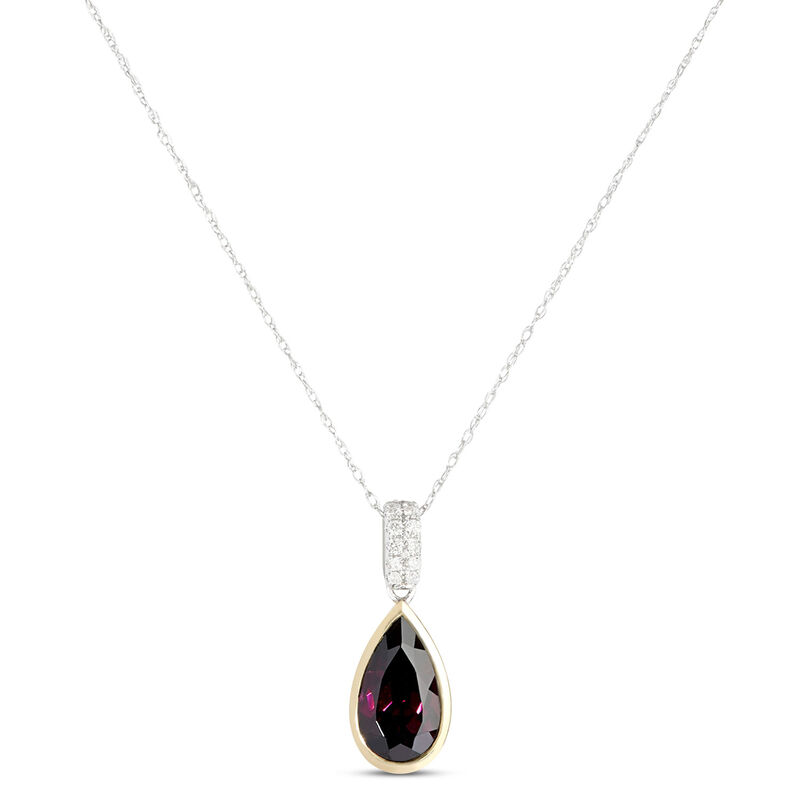 Bezel Set Pear Shaped Rhodolite Pendant, 14K White and Yellow Gold image number 0