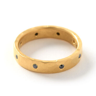 Hand Forged Black Diamond Band, 22K Yellow Gold