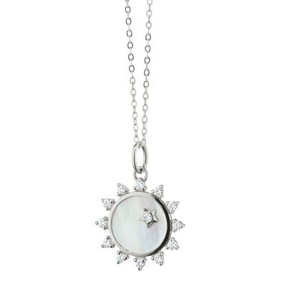 Monica Rich Kosann Mini Mother of Pearl Sapphire "Happiness" Sun Charm with White Sapphire Star Accent, 18" Adjustable Chain Sterling Silver