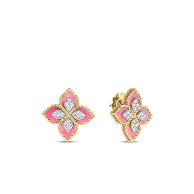 Roberto Coin 18k Yellow/White Gold Venetian Princess Diamond & Rhodonite Flower Stud Earrings