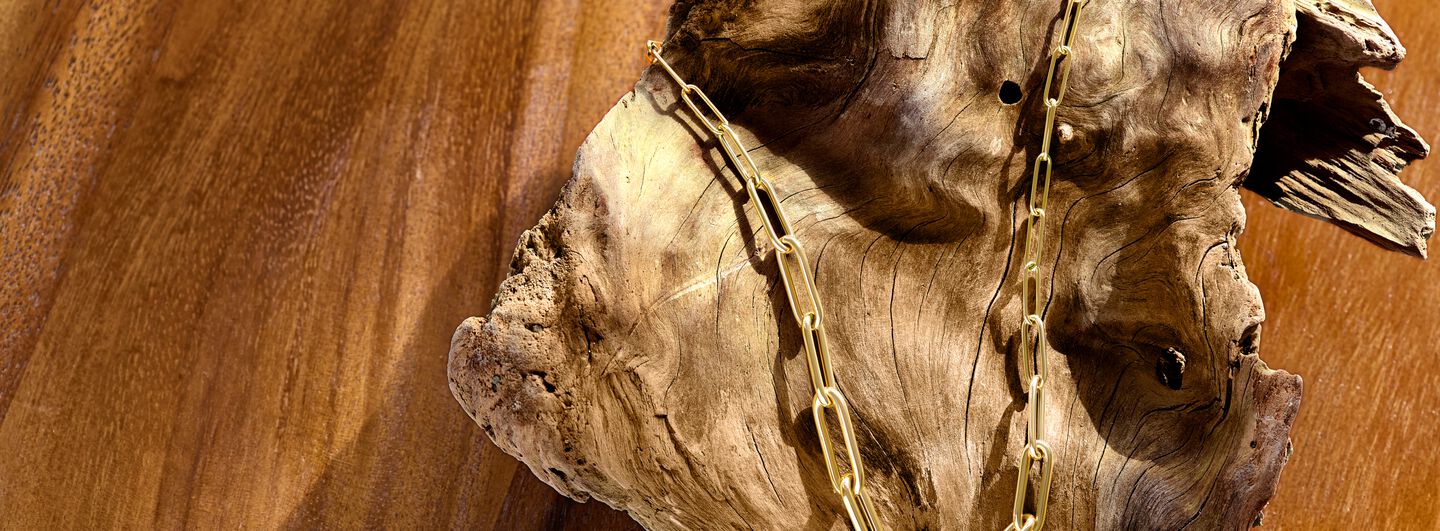 A 14k yellow gold link necklace is draped over a smooth piece of knotted driftwood.