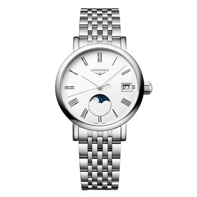Longines Elegant Collection Moon Phase White Dial Watch, 30mm