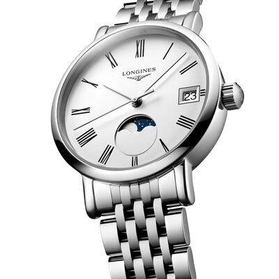 Longines Elegant Collection Moon Phase White Dial Watch, 30mm