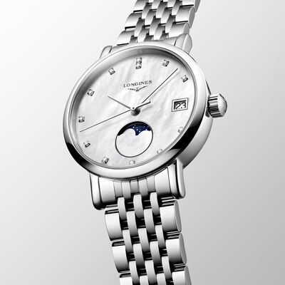 Longines Elegant Collection Moon Phase White Mother-of-Pearl Dial Watch, 30mm