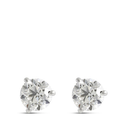 Three Prong Round Diamond Studs, 14K White Gold