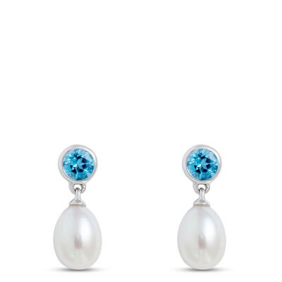 Pearl and Blue Topaz Earrings, 14K White Gold