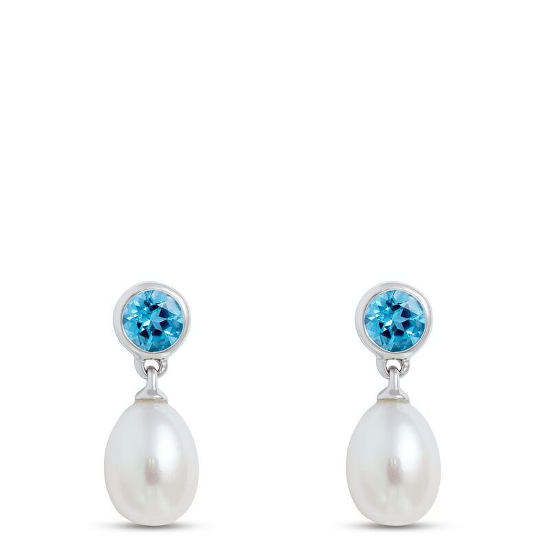 Pearl and Blue Topaz Earrings, 14K White Gold image number 0