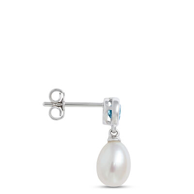 Pearl and Blue Topaz Earrings, 14K White Gold