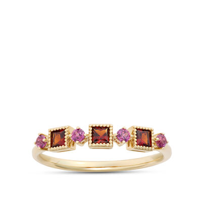 Square and Round Garnet Ring, 14k Yellow Gold