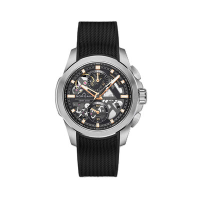 NORQAIN Independence Skeleton Dial Chrono Black Rubber Strap Watch, 42 mm