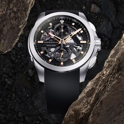 NORQAIN Independence Skeleton Dial Chrono Black Rubber Strap Watch, 42 mm