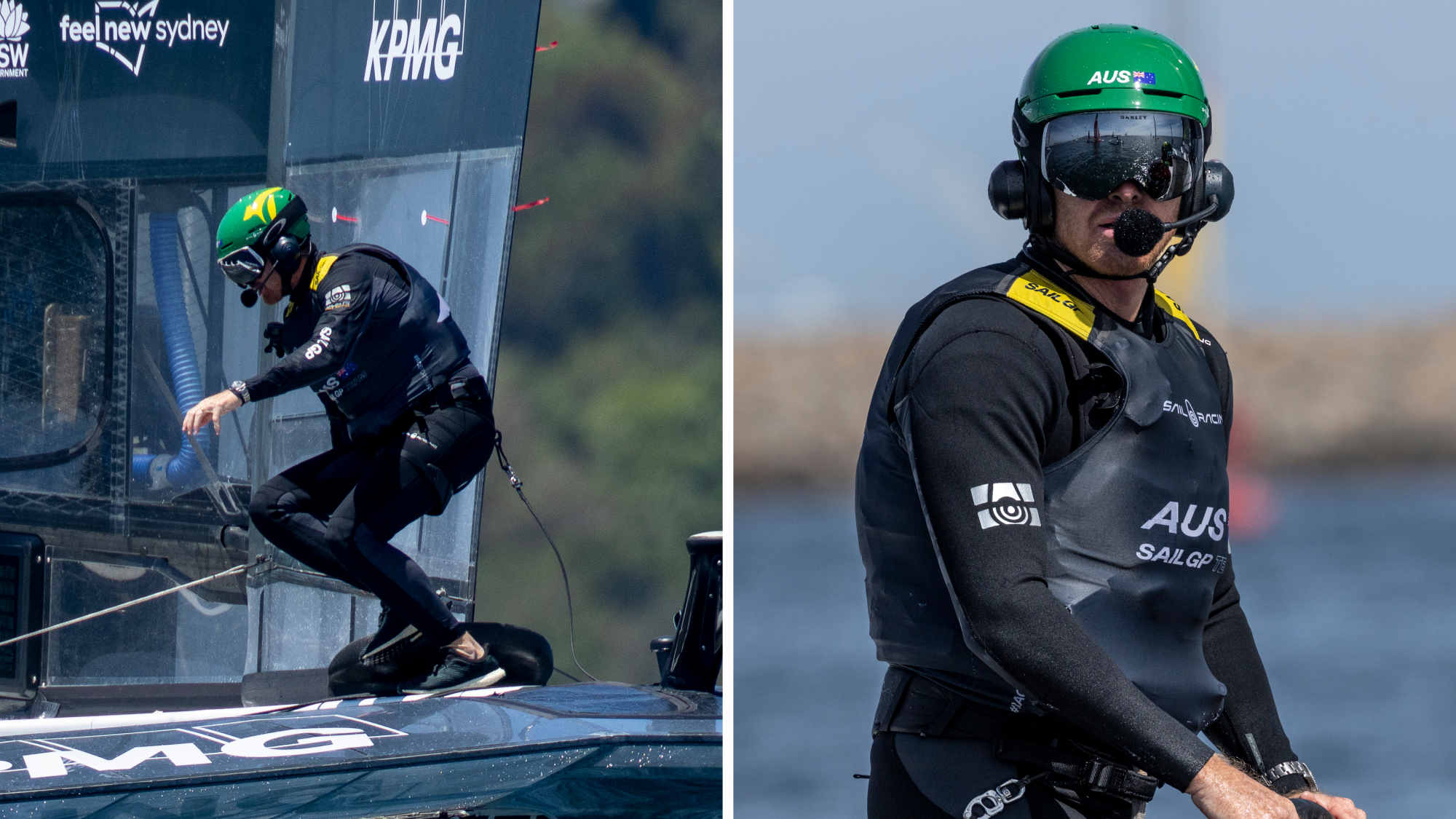 Catamaran skipper Tom Slingsby wearing black racing gear and a green helmet with darkly tinted goggles. 